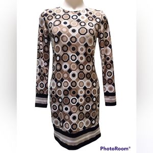 Michael Kors Geometric Long Sleeve Shift Dress Tan Black